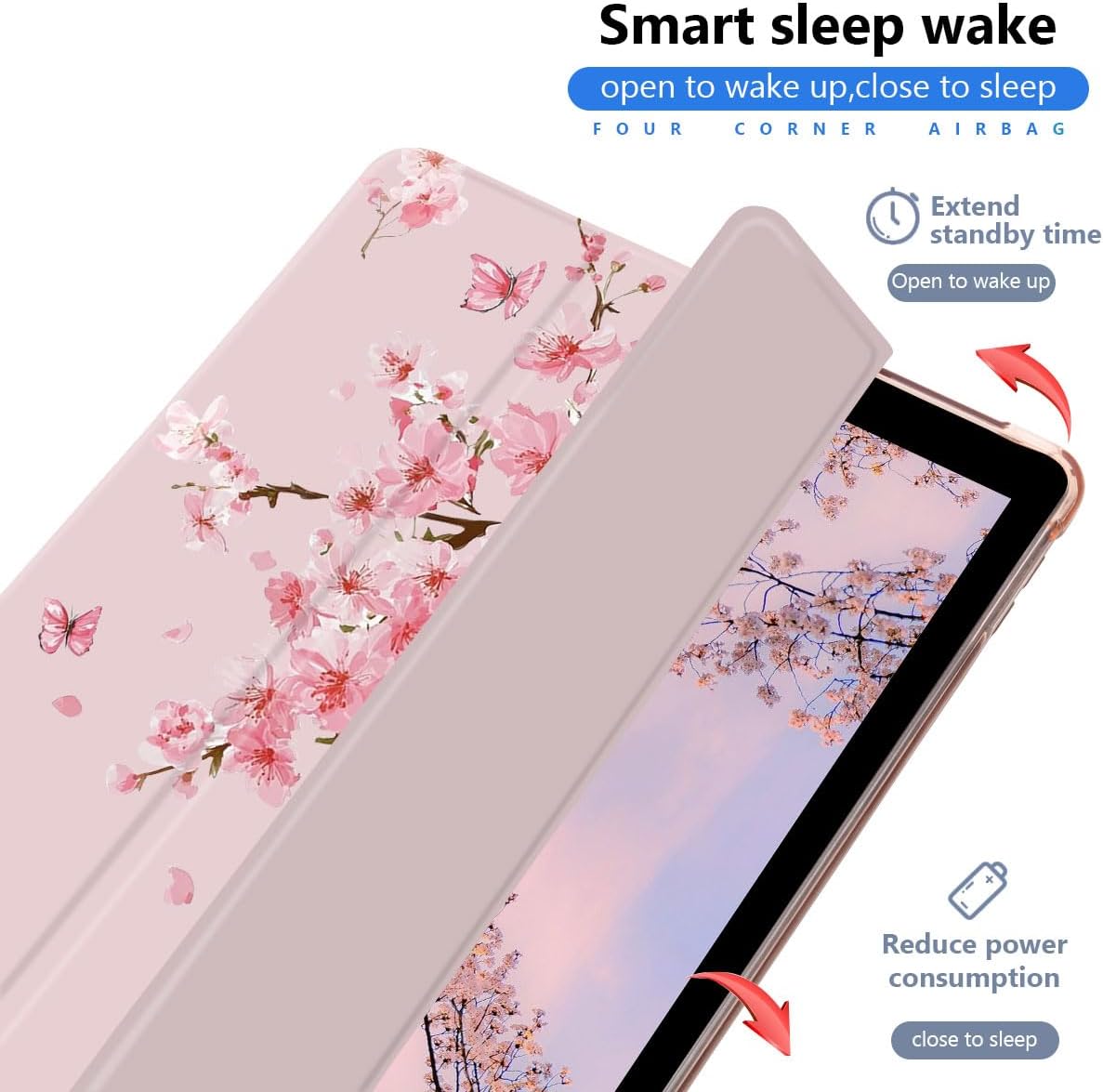 Cherry Blossoms Case for iPad A16 11th Generation 11" /iPad 10th Generation 10.9" Cute Floral Butterfly Trifold Stand Pink Leather Case with Pencil Holder Auto Wake/Sleep