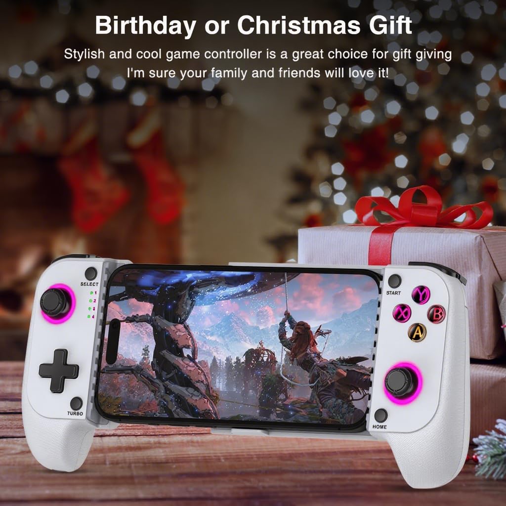Controlador de teléfono para iPhone/Android – Controlador de juegos móvil con palanca de mando de efecto Hall, soporte de funda de teléfono, luz dinámica fría, función turbo, vibración dual