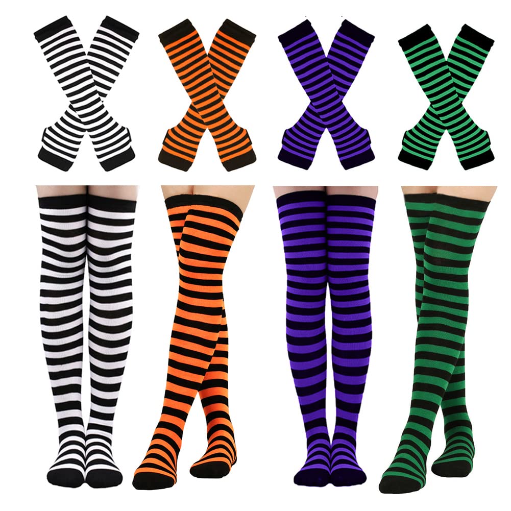 Barrlves 2/4 Sets Womens Striped Knee High Socks Long Knitted Arm Warmers Fingerless Gloves for Halloween Costume: 4sets Striped Black+orange+purple+green