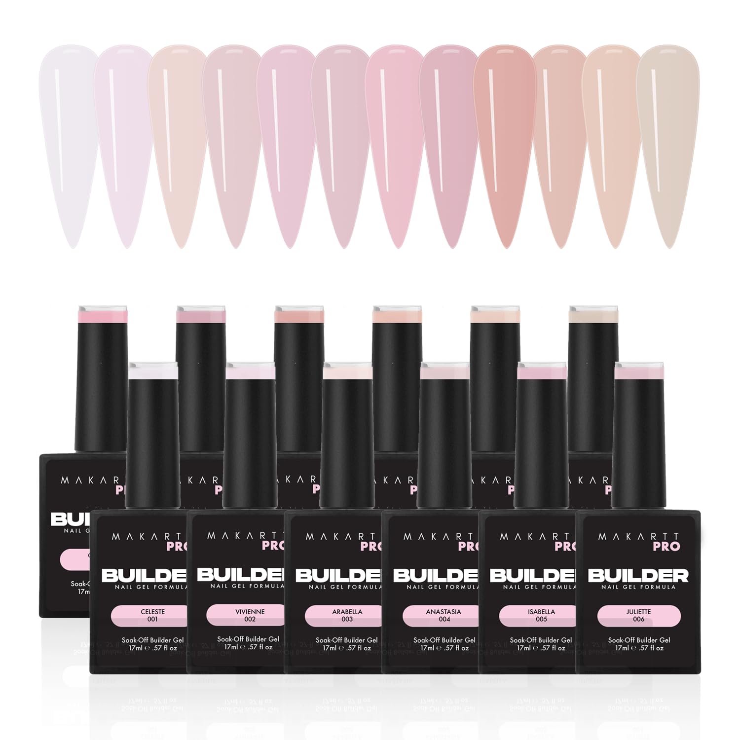 MakarttPro Builder Nail Gel in a Bottle Series: 12 Neutral Cover Colors, 17ml Nail Gel Set for Professional Nail Technicians, Soak-Off Builder Gel for Natural Overlays and Sculpted Manicures