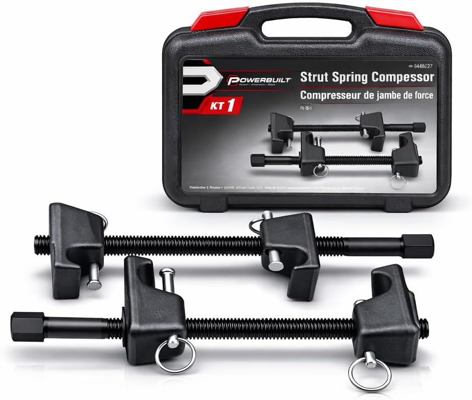 Powerbuilt Coil Spring Compressor Tool Kit, 5 Piece, Straight or Curved Coil Springs, Shock Absorbers, Foreign and Domestic, Storage Case - 648603, Black