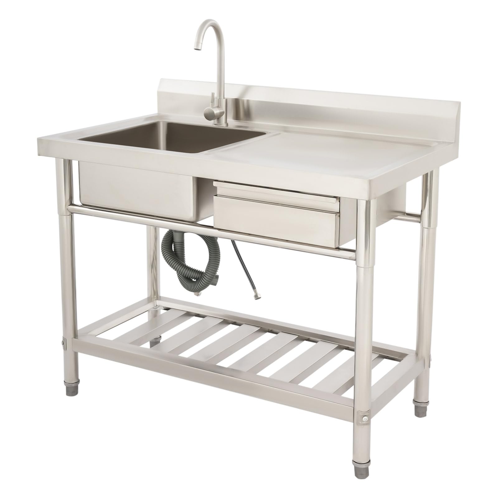 Edelstahl Spültisch 100x60cm mit 360° Armatur Wasserhahn Freistehend | 100*60*80 cm, 1–3 cm Höhenverstellbare Füße mit Arbeitsfläche, Spüle und Unterbau für Küche, Garten und Gewerbe (150kg Max)