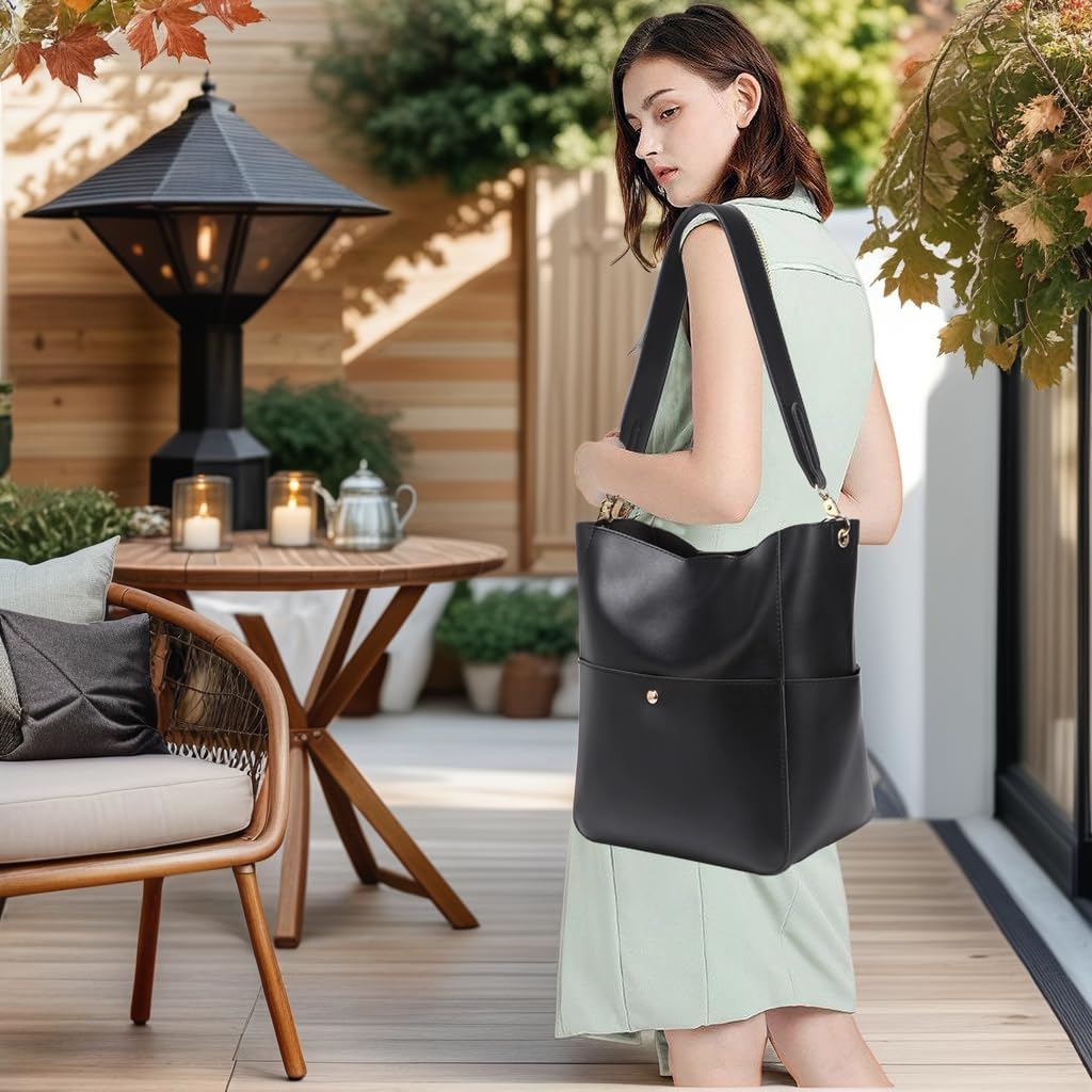 Bucket Purses for Women Designer PU Leather Bucket Bags With 2 Adjustable Guitar Strap Hobo Bags for Women