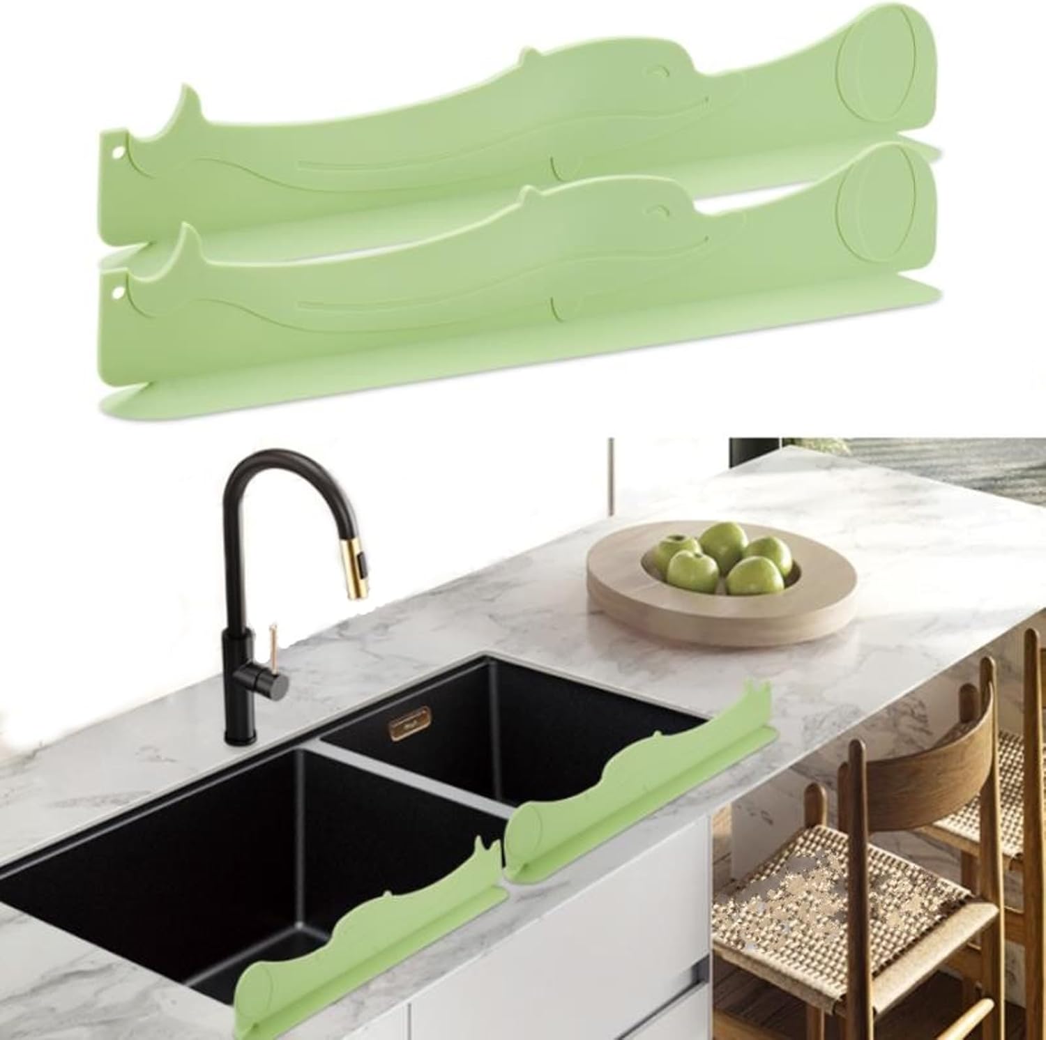 Silicone Kitchen Sink Water Splash Guard Protector for Single or Double Standard Sink 2-pack|17.25" L 2" W 3" H-Pale Green