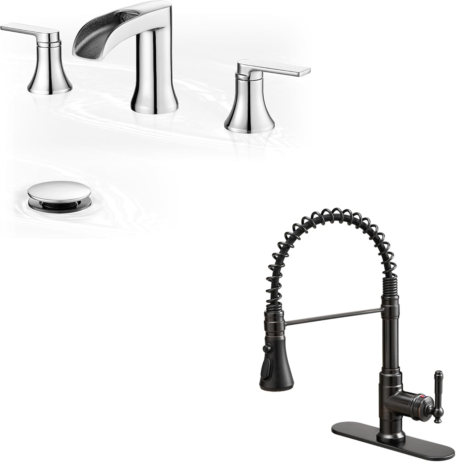 Bathroom Sink Faucet and Pull Down Kitchen Faucet Set, Bronze 3-Function Pull Out Kitchen Faucets with Deck Plate, Brass Chrome Waterfall Bathroom Faucet with Pop-up Drain