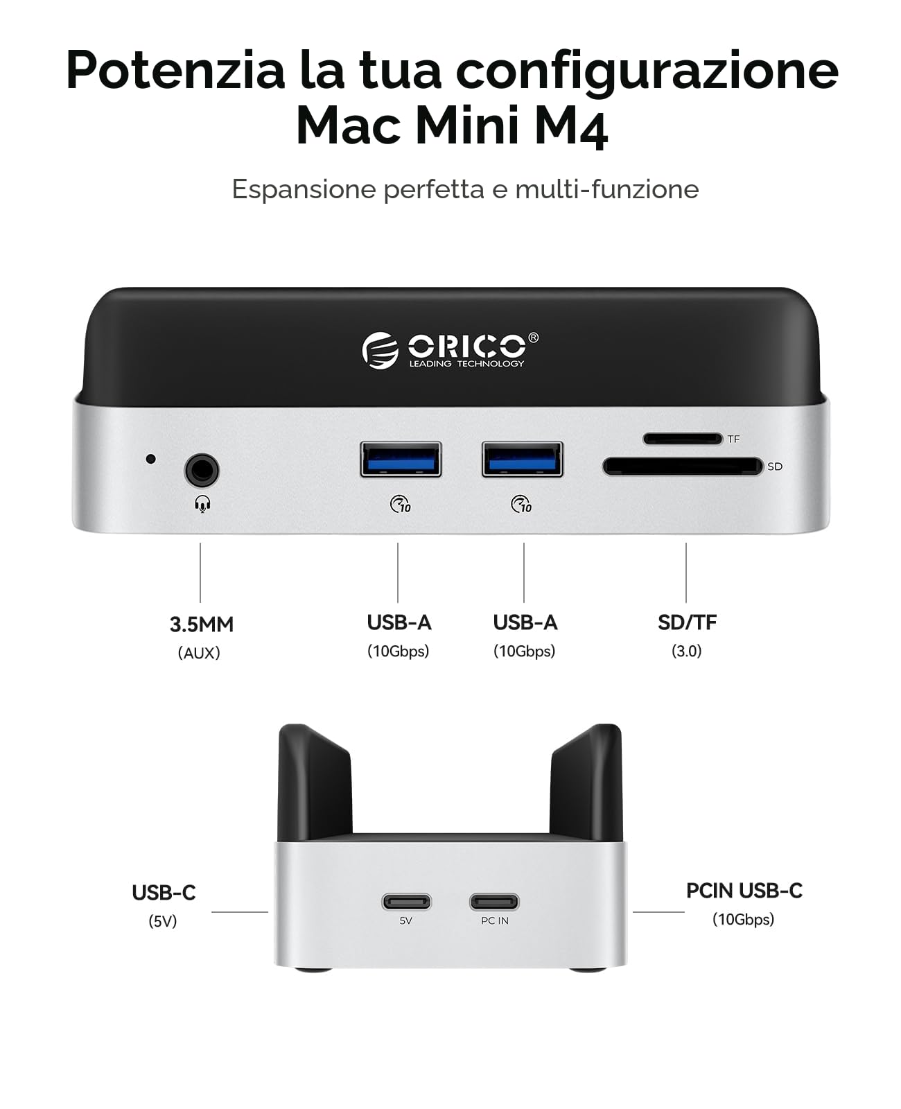 ORICO MiniDock Mac mini M4 Docking Station & Stand mit NVMe SSD Case, USB C Hub mit 2 USB-A 10Gbps, SD/TF 3.0, Accessorio Perfetto per Mac mini M4/M4 Pro - VSE | 2 USB-A 10 Gbps, SD/TF 3.0, 3,5 mm Aux, M.2 (NVME 10 Gpbs)*1 supporta SSD B+M M-Key, USB-C (5