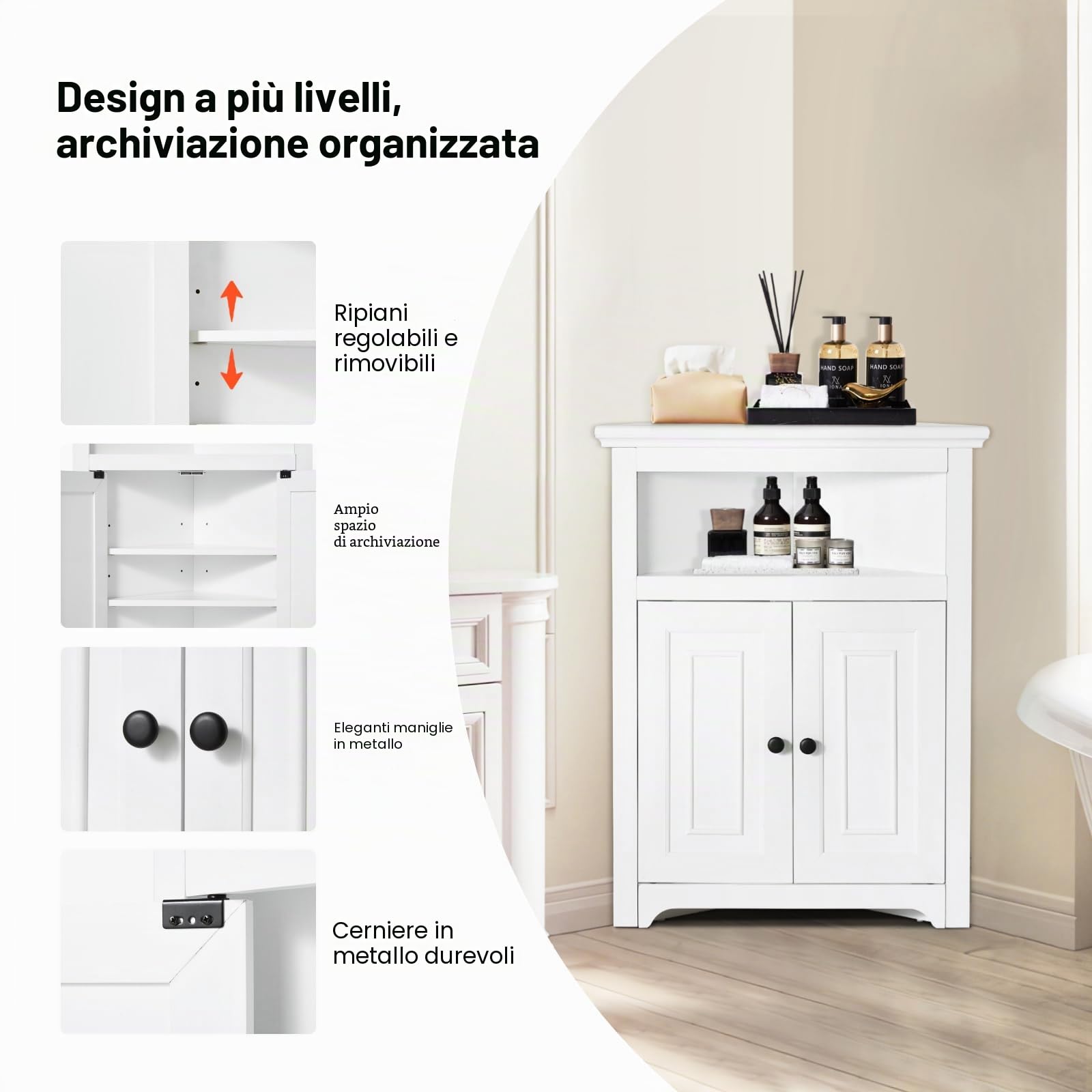 VEVOR Mobiletto Angolare Portaoggetti Altezza 84,5cm Mobiletto da Casa in Legno con 2 Porte Ripiani Regolabili, Mobiletto Angolare Indipendente per Soggiorno, Cucina, Lavanderia, Bagno, bianco