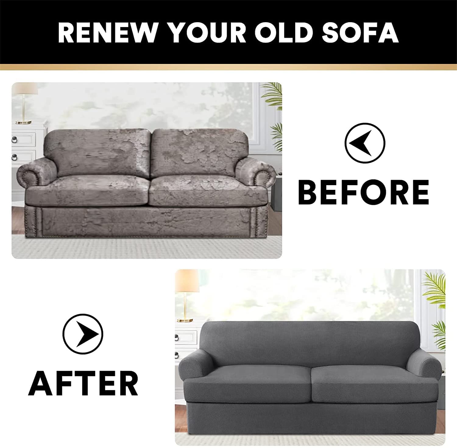 Copridivano Elasticizzato con 2 Fodere per Cuscino del Sedile a T Individuali, Fodere per Divani in Morbido Poliestere Sofa Cover Antiscivolo Protezione per Mobili per Soggiorno