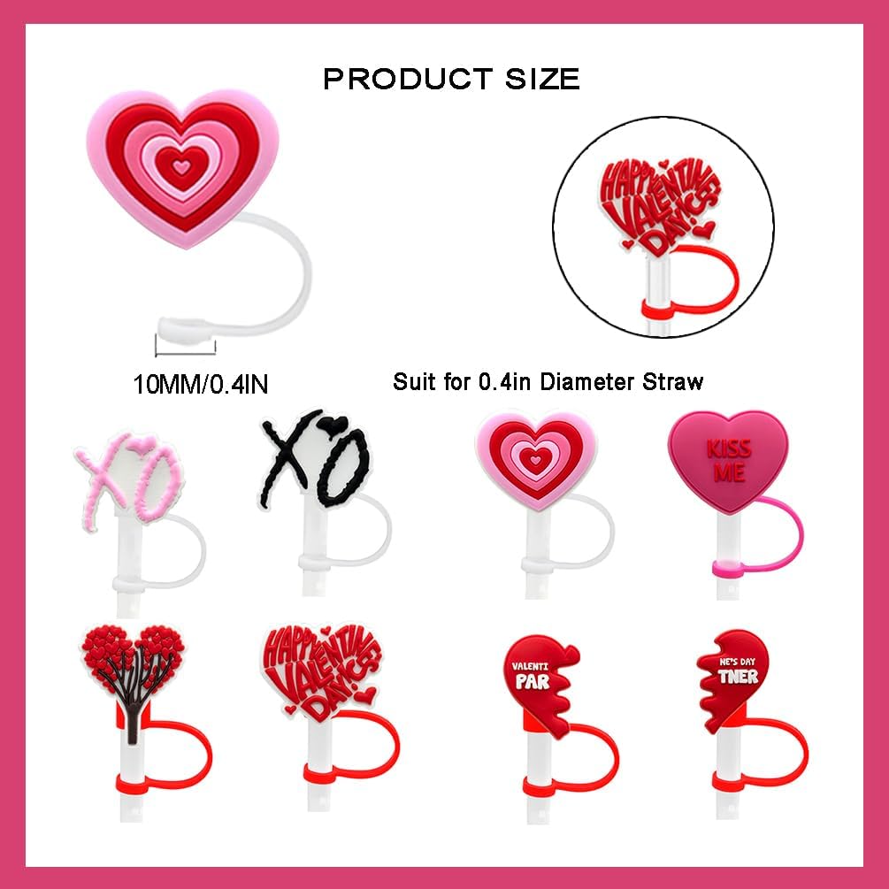 8 PCS 10MM Valentine Straw Cover Cap for Cup, Heart Silicone Straw Topper for 30&40 Oz Tumbler with Handle, 0.4in Dust-Proof Reusable Straw Tips Lids for Valentine's Day Gifts - Image 3