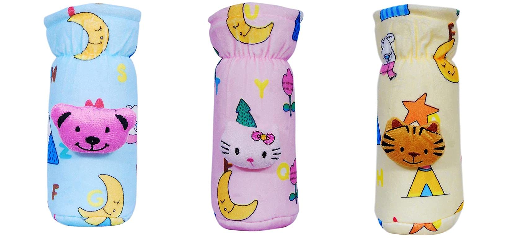 The Cheeky Kidzz Stretchable Soft Velvet Plush Attractive Overall Cartoon Prints Baby Feeding Bottle Cover with Holding Strap Suitable for 150ml 220ml 240ml 250ml Feeding Bottles(Pack of 3;BLUE,PINK,YELLOW)