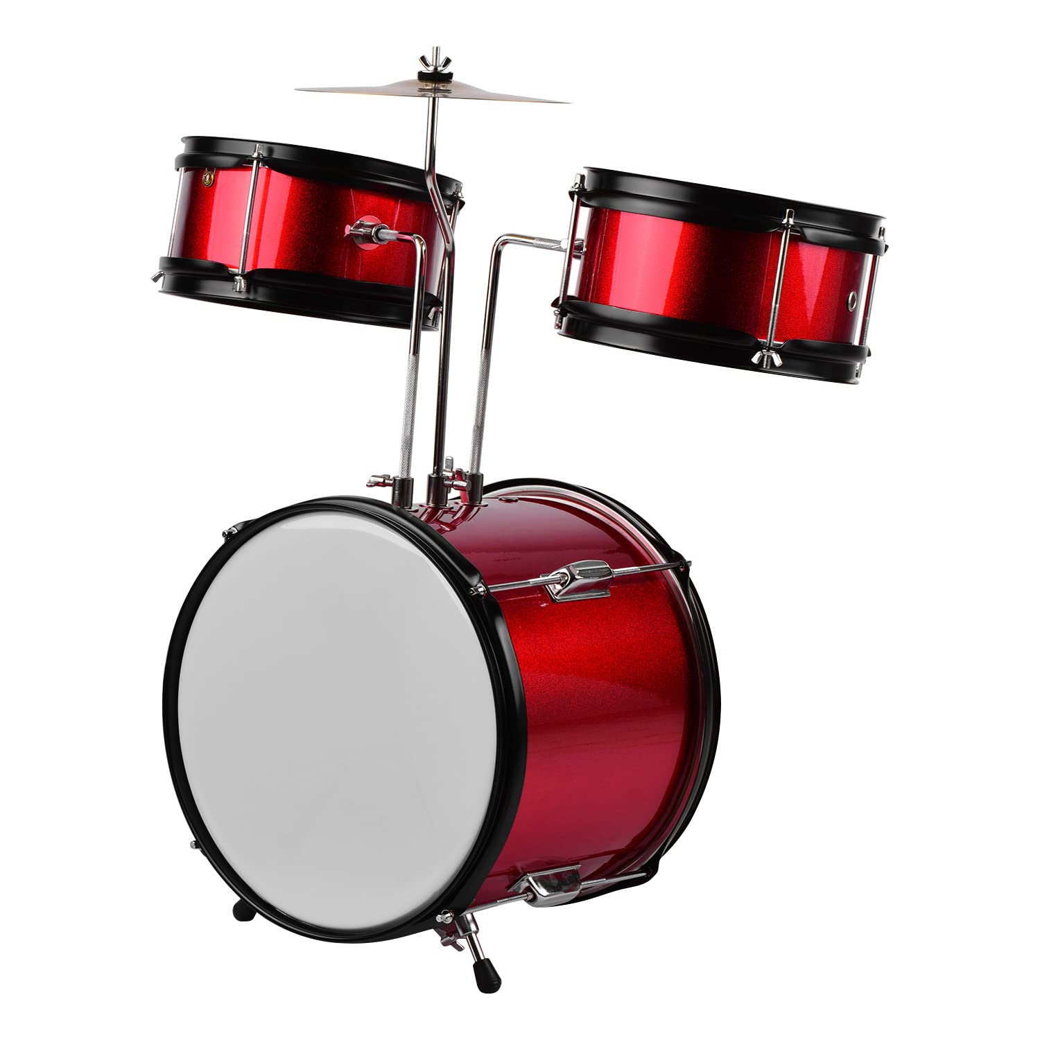 Batería Musical Infantil Batería Educativa Junior de 3 Piezas para Principiantes con Taburete Ajustable y Baquetas Metal + Madera de Ciprés Negra para Amantes la Percusión (Rojo)