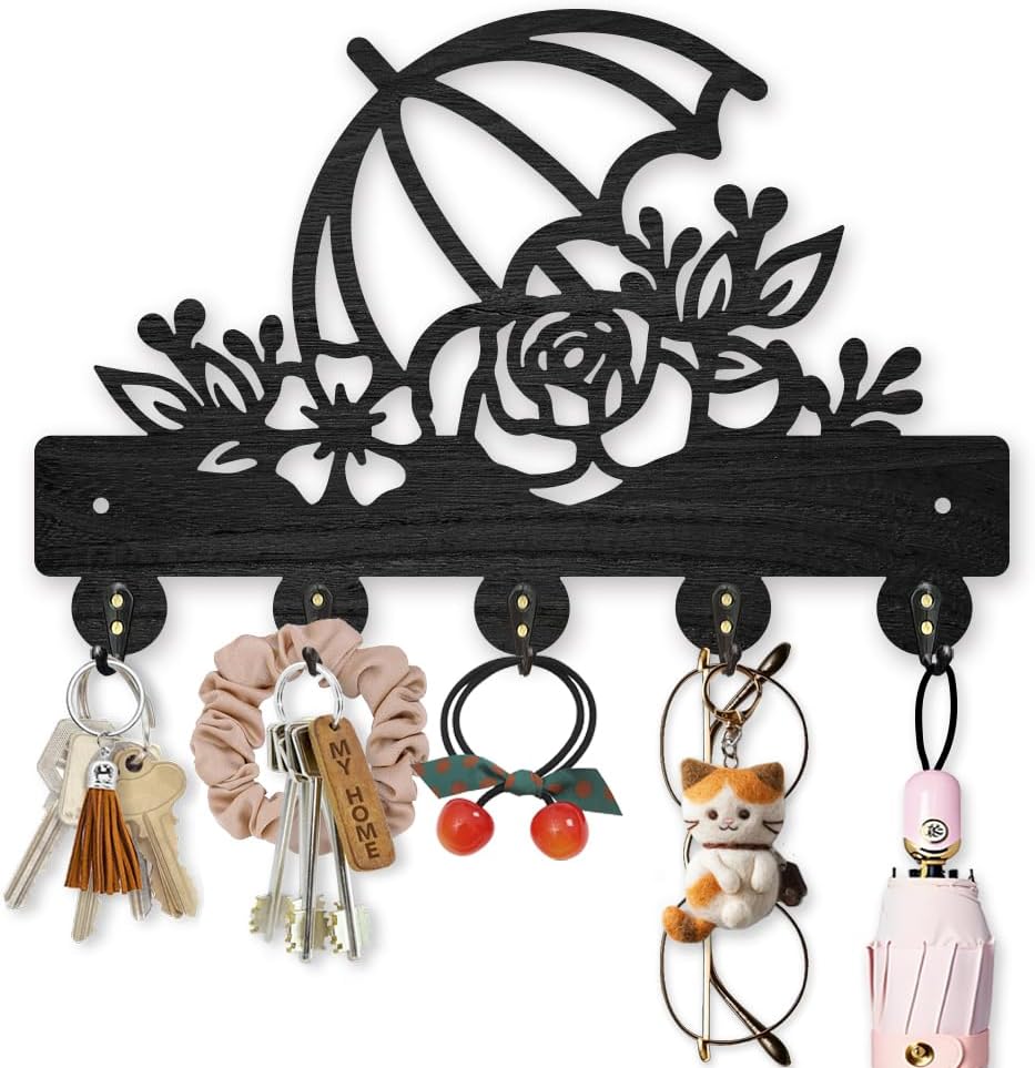MAYJOYDIY Rose Umbrella Key Holder for Wall Flower Leaves Wall Mounted Key Hooks 11.8×7.9inch Wood Key Hanger Rack with 5 Alloy Hooks for Entryway Front Door Kitchen Office Decoration
