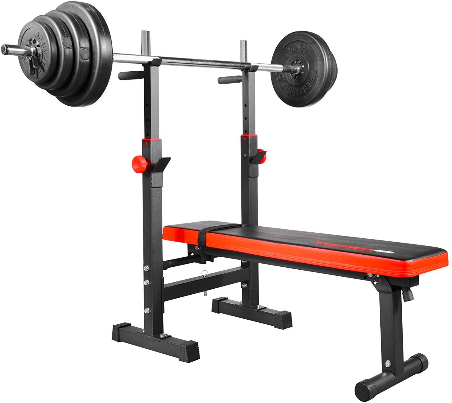 TrainHard BlackCombo ławeczka do podnoszenia ciężarów, wielofunkcyjna, składana i regulowana, z obciążeniem od 50 kg do 160 kg, długa sztanga krótka, sztanga łamana, np. wybór (z hantlami o wadze 50 kg)