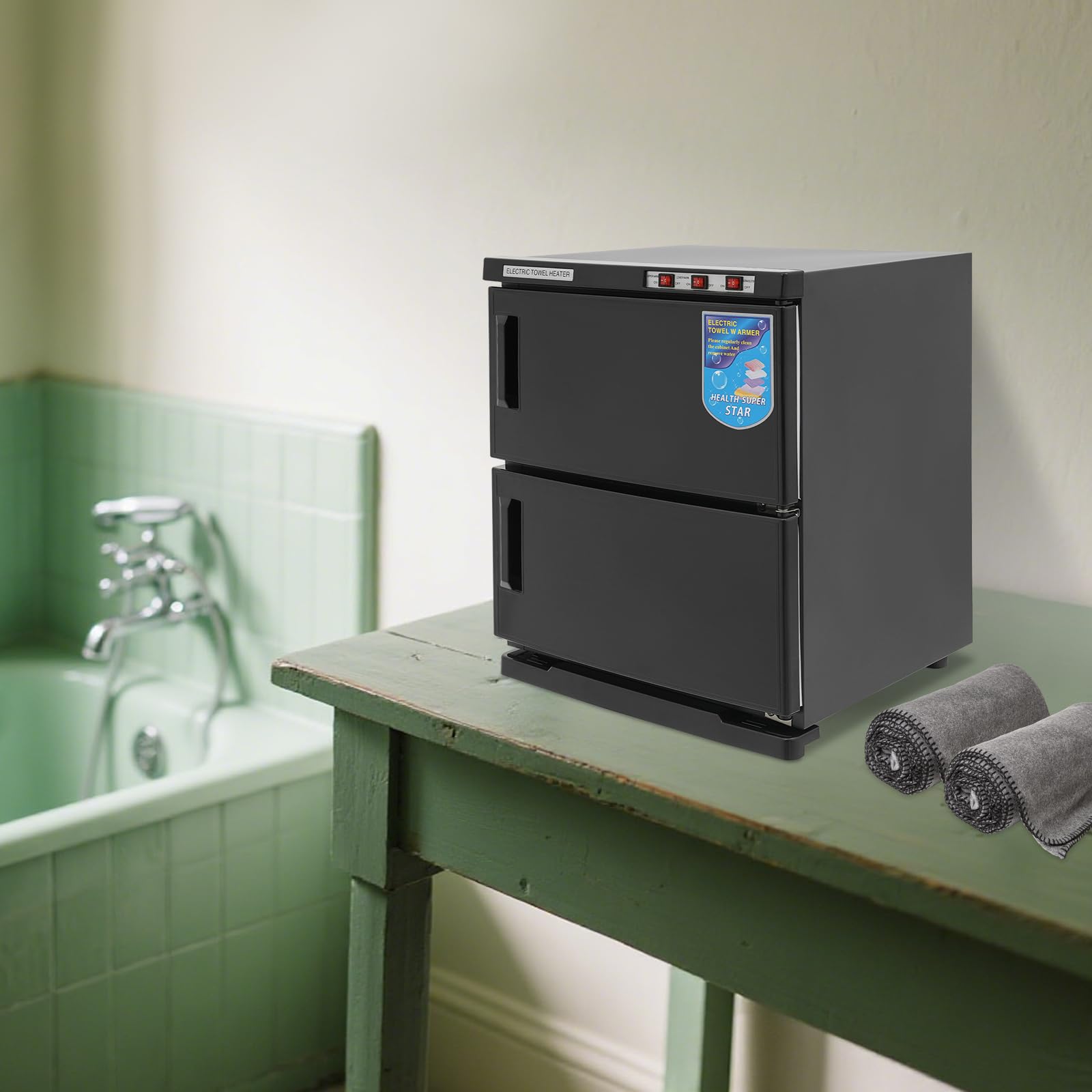 Calentador de toallas de 2 puertas 50 l con esterilizador UV, cosméticos, compresas, calentador de toallas, calentador de toallas, armario para hotel, peluquería, masajes, spas (negro, 2