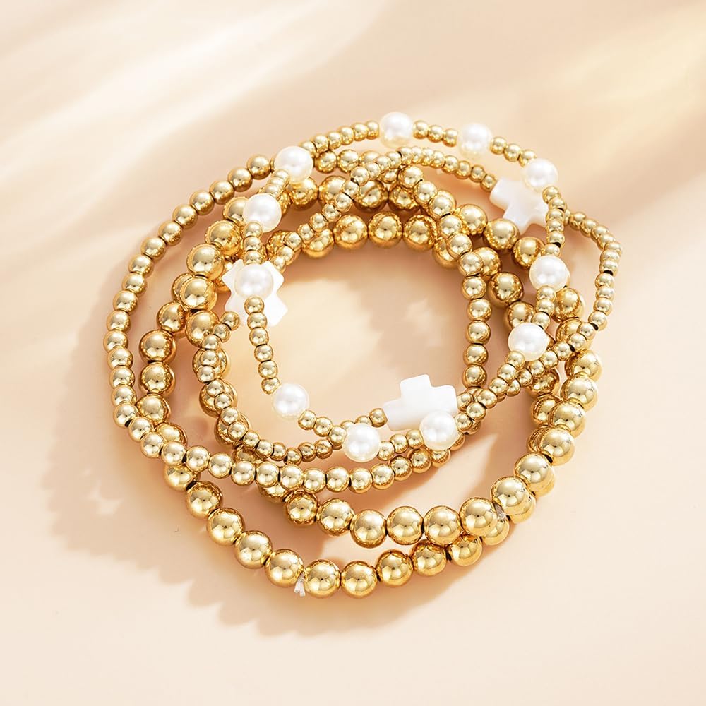 Stack Beaded Bracelets for Women,Gold Stackable Bead Stretch Bracelets Unique Pearl Cross Bracelet Set,Trendy Preppy Jewelry Accessories Gifts - Image 7