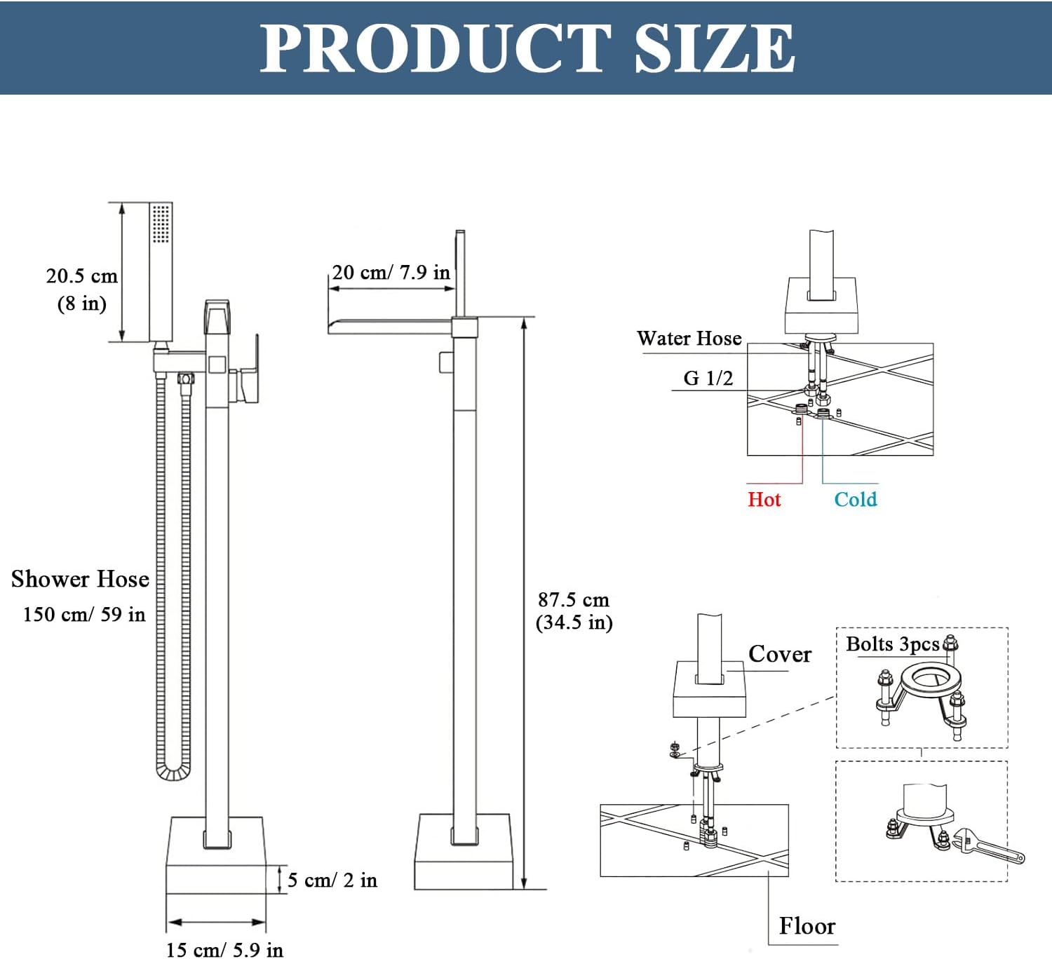 Free Standing Tub Faucet Brushed Gold, Floor Mount Freestanding Tub Faucets, Brass Stand Alone Tub Filler, Waterfall High Flow Bathtub Shower Mixer Tap - Image 8