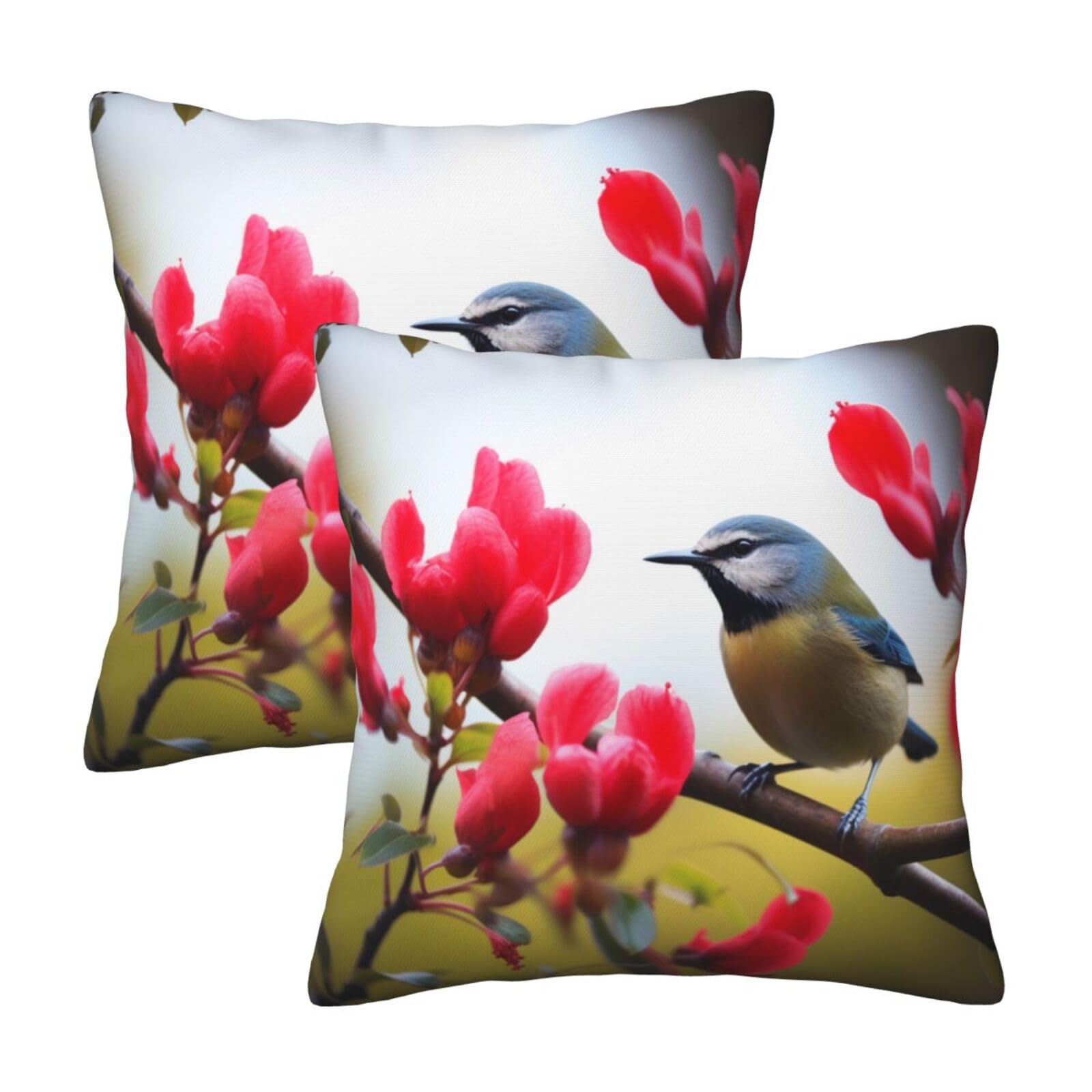 Bird and Red Flower Throw Pillow Cases 2 Pack Square Pillowcases Soft Pillow Protectors for Couch Livingroom Sofa Bed Office Car,30x30 CM