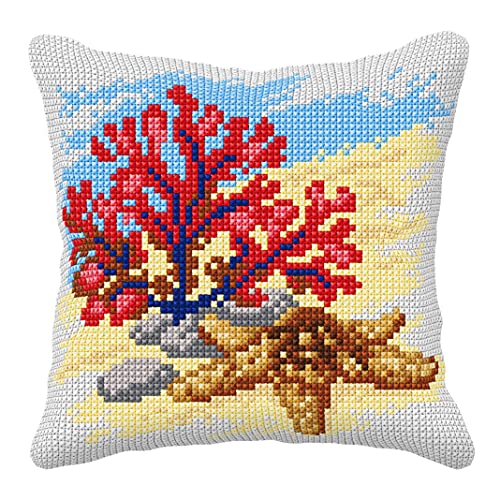 Coussin point de croix Orchidea Corail et étoile de mer 40x40 cm