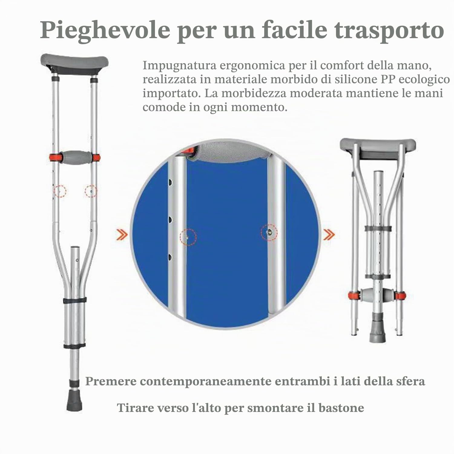 Stampelle Ascellari Pieghevole,Sottobraccio Stampelle,Bastone Universale In Alluminio,Con Imbottitura Morbida,Regolabile Da 98 a 158 Cm,Ausiliario Per Persone Con Difficoltà Motorie(Coppia)