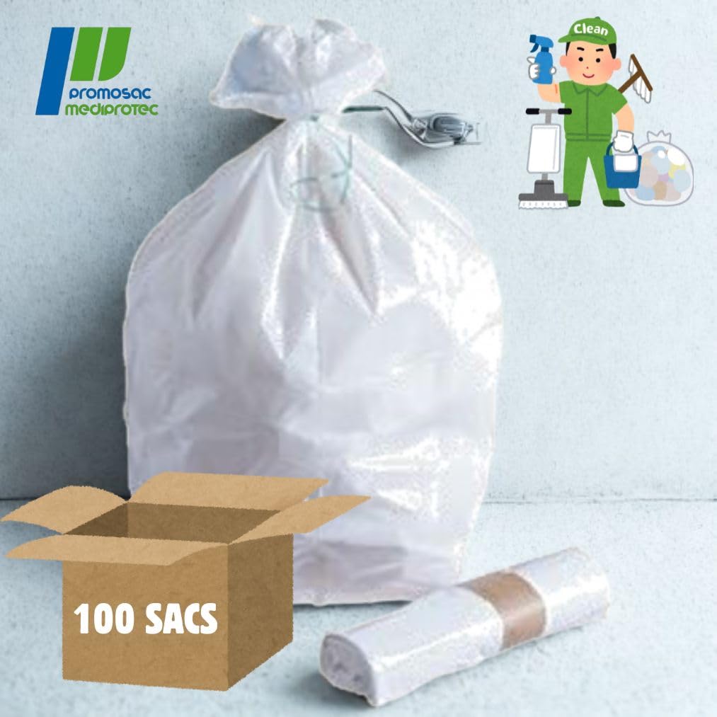 Sac Poubelle Blanc 100 Litres | Carton de 100 Sacs | Basse Densité - Haute Résistance | Fermeture à Lien | Alimentaire - Médical | Tri Sélectif | Qualité Professionnelle