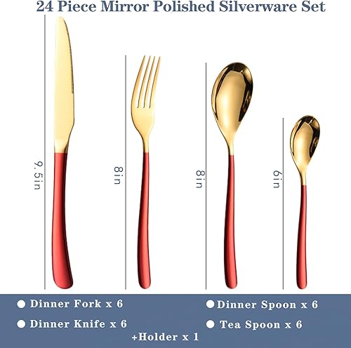 Miniatura 7 de Juego de cubiertos de 24 piezas de acero inoxidable con soporte, juego de utensilios pulidos de espejo para 6, juego de vajilla de cocina en el