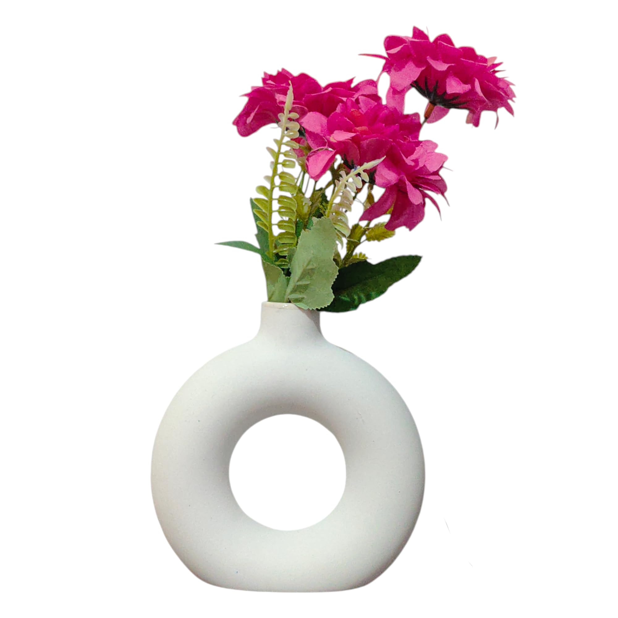 Bright Mega Mart - Elegant Off White Ceramic Donut Vase – Modern Round Pampas Grass Holder for Home, Office, or Wedding Decor | Decorative Gift-Ready (4 Inch)