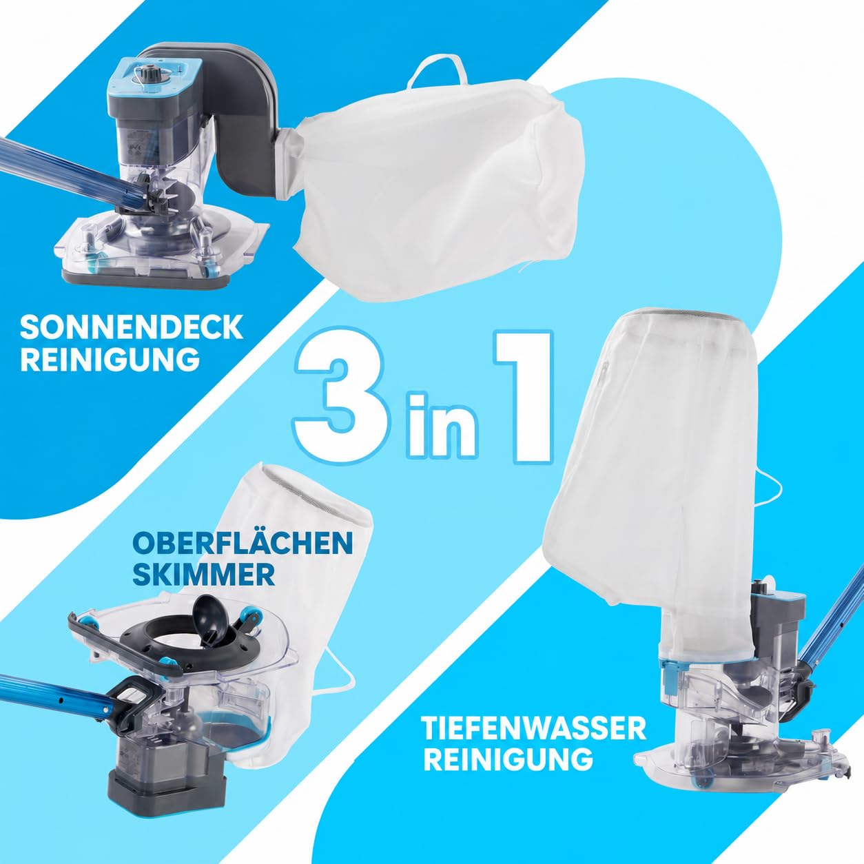 Poolstaubsauger Kabellos, 6800 L/h, Boden & Oberfläche | Wiederaufladbar mit zwei Filterbeuteln; reinigt tiefe, flache und Oberflächenbereiche in Aufstell- und Einbaupools.