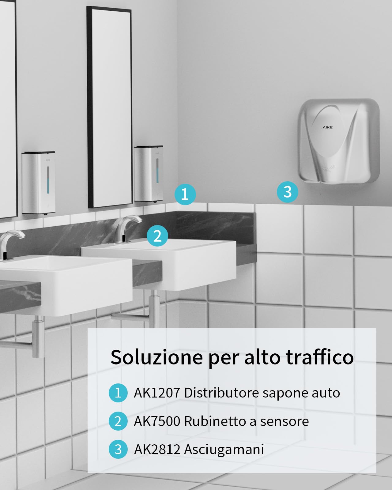AIKE Square Dispenser Automatico Per Sapone Liquido, 1000 ML A Parete, Finitura Acciaio Inossidabile, AK1207