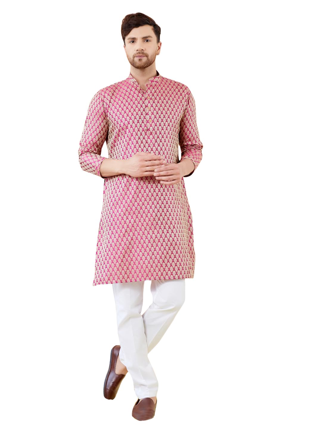 See Designs Men Long Sleeve Side Slit Mandarin Collar Pink Ethnic Motifs Silk Jacquard Woven Design Straight Kurta - Bnrskt724Xl