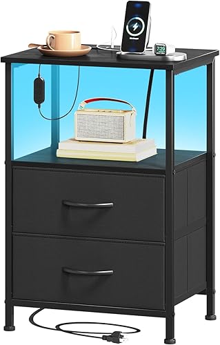 Miniatura 15 de Somdot Mesita de noche blanca con estación de carga y luz LED para dormitorio, cómoda de 2 cajones con contenedores de tela para mesita de noche,
