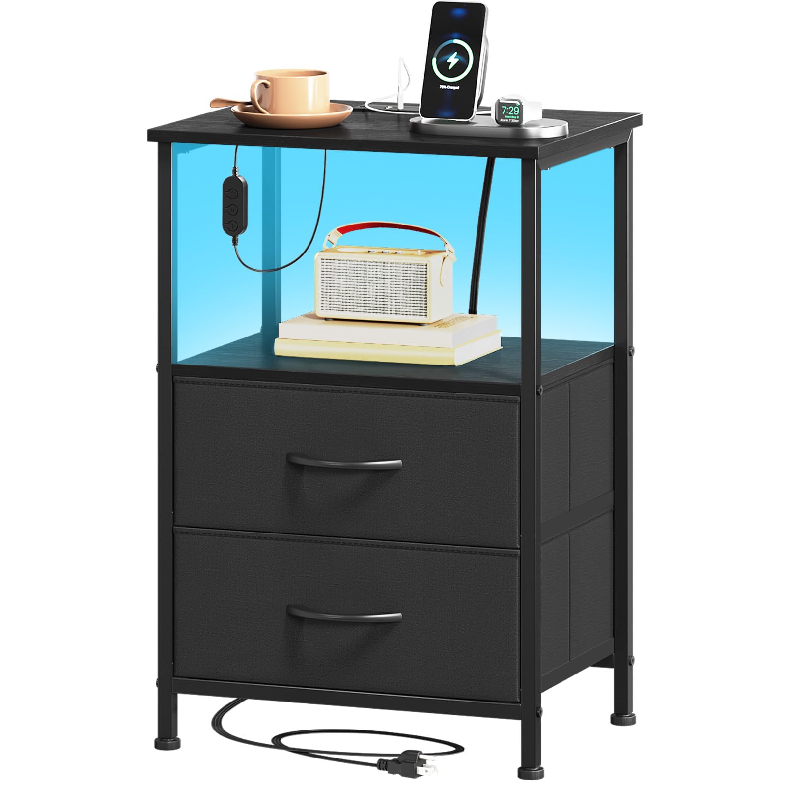 Somdot Black Nightstand with Charging Station and LED Light for Bedroom, 2 Drawers Dresser with Fabric Bins for Bedside Kids Dorm Room Closet Laundry