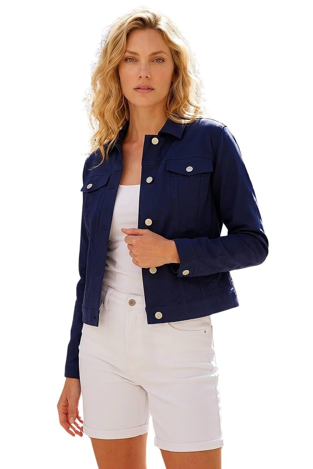 Roman Originals Stretch Jacket for Women UK - Ladies Denim Jean Summer Coat Bengaline Casual Smart Utility Trucker Biker Fitted Classic Work Spring Soft Vintage - Navy - Size 16
