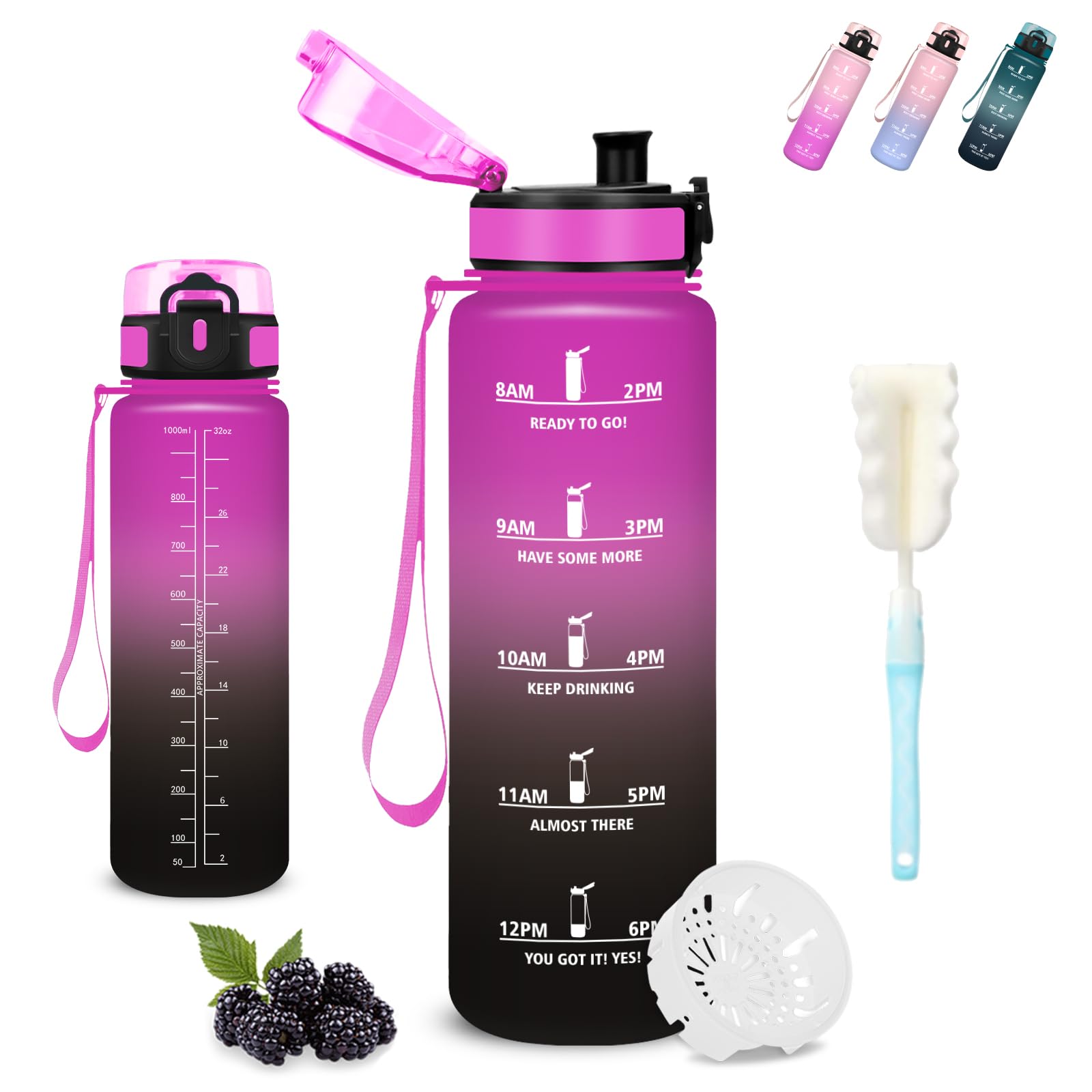 Borraccia 1 litro, Borraccia Palestra, Senza Perdite, Borraccie Motivazionale, con Scovolino in Spugna, Borraccie Trekking, Con Slogan Motivazionale, Water Bottle per Escursionismo, Campeggio