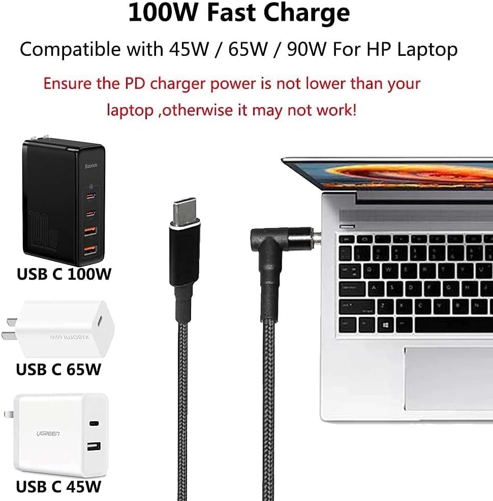 USB C to Slim Laptop Charging Cable Adapter Male Type C to DC Converter 6.5ft 100W PD Power Charger Supply Cord for HP Stream 11 13 14 15 Pavilion Spectre Chromebook (4.5 x 3.0mm for HP) image 5 of 7 B0D5H17ZSM