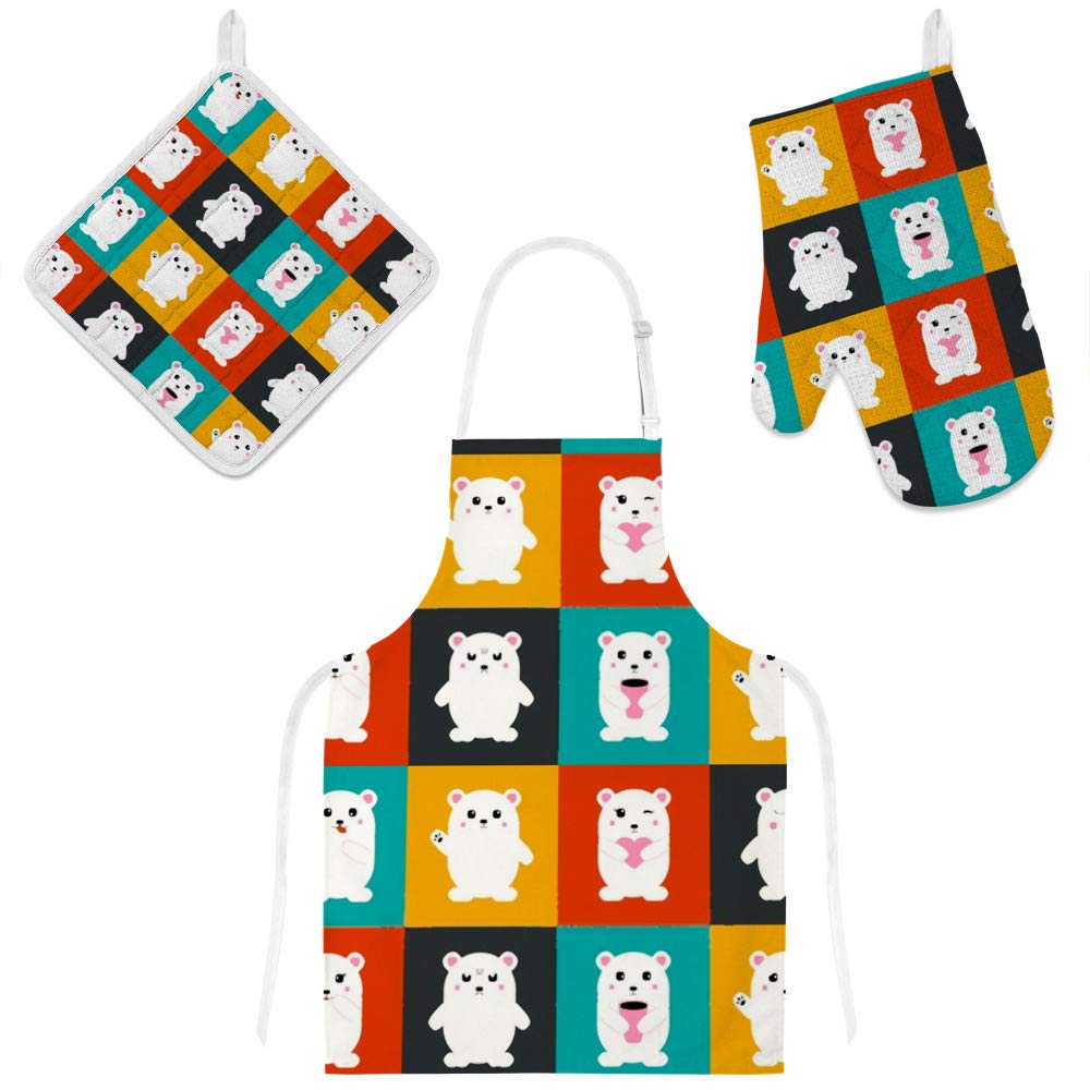 Tablier de cuisine ours kawaii ensemble gants de four maniques tissu lavable