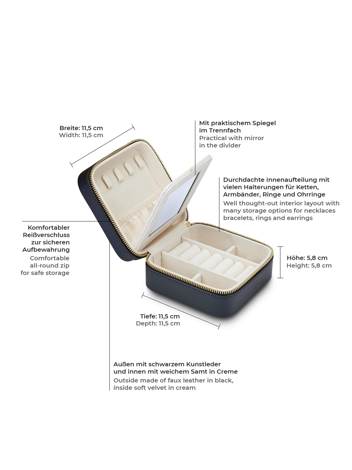GLANZSTÜCKE MÜNCHEN Schmuck-Reisetäschchen Kunstleder schwarz 11,5 x 11,5 x 5,8 cm Samt creme - Schmucketui Schmuckschatulle