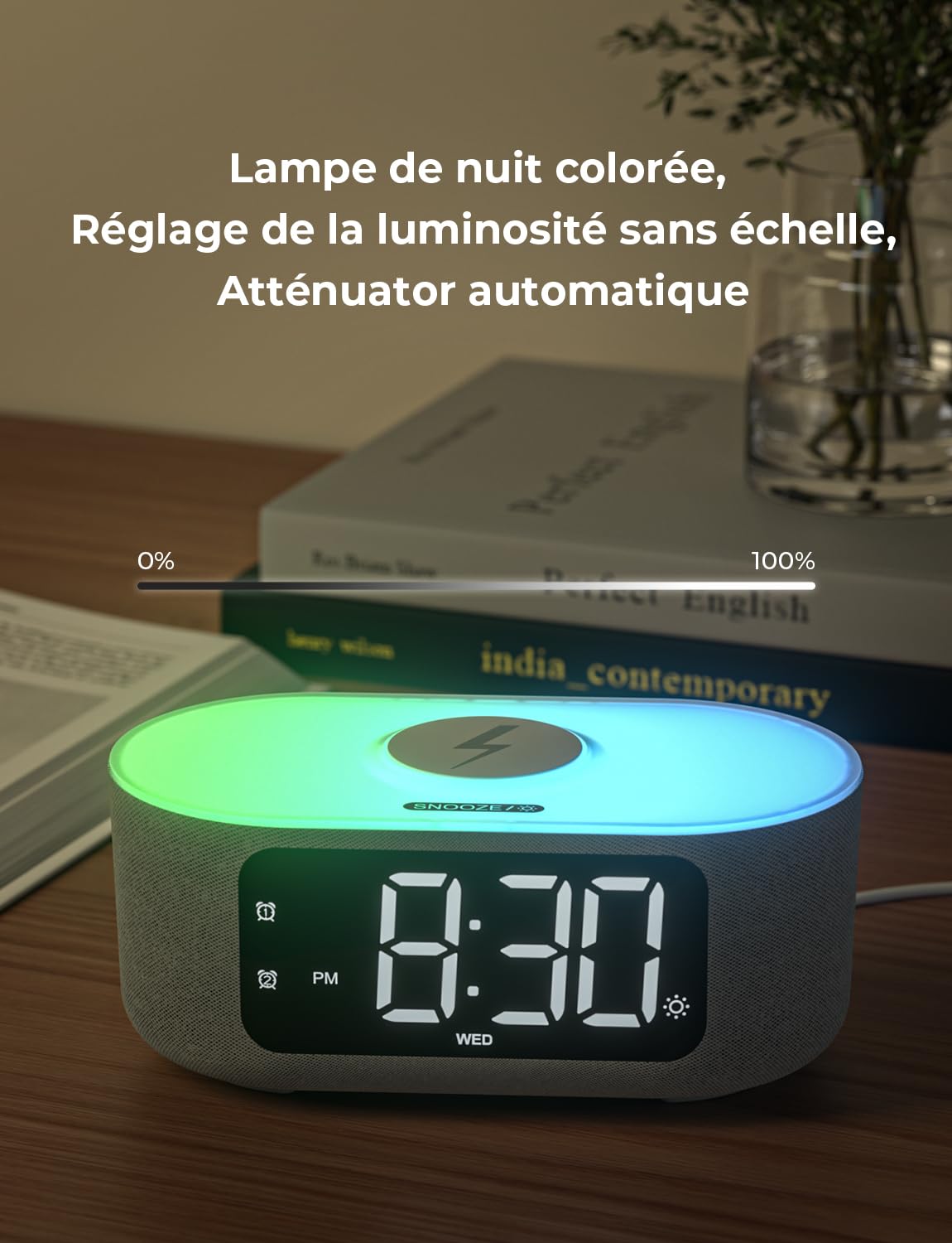 LIORQUE Radio Réveil Bluetooth avec Chargement sans Fil Qi 15W, Réveil Connecté avec Écran LED et 5 Luminosités Réglage, Auto Dimmer, 2 Alarms, Mode Week-End, Sommeil Sonore, Affichage Semaine