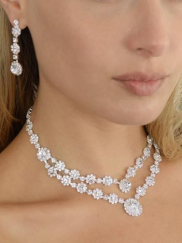 Miniatura 4 de Mariell Juego de collar y aretes de cristal de diamantes de imitación de plata de 2 filas - Joyería de graduación novias y damas de honor Metal