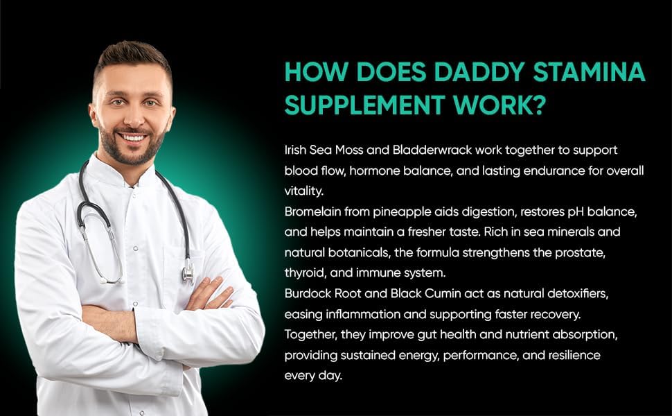 Miniatura 5 de Daddy Stamina - Cápsulas de musgo marino Suplemento de algas marinas puras para energía y salud de la piel, suplemento natural antienvejecimiento