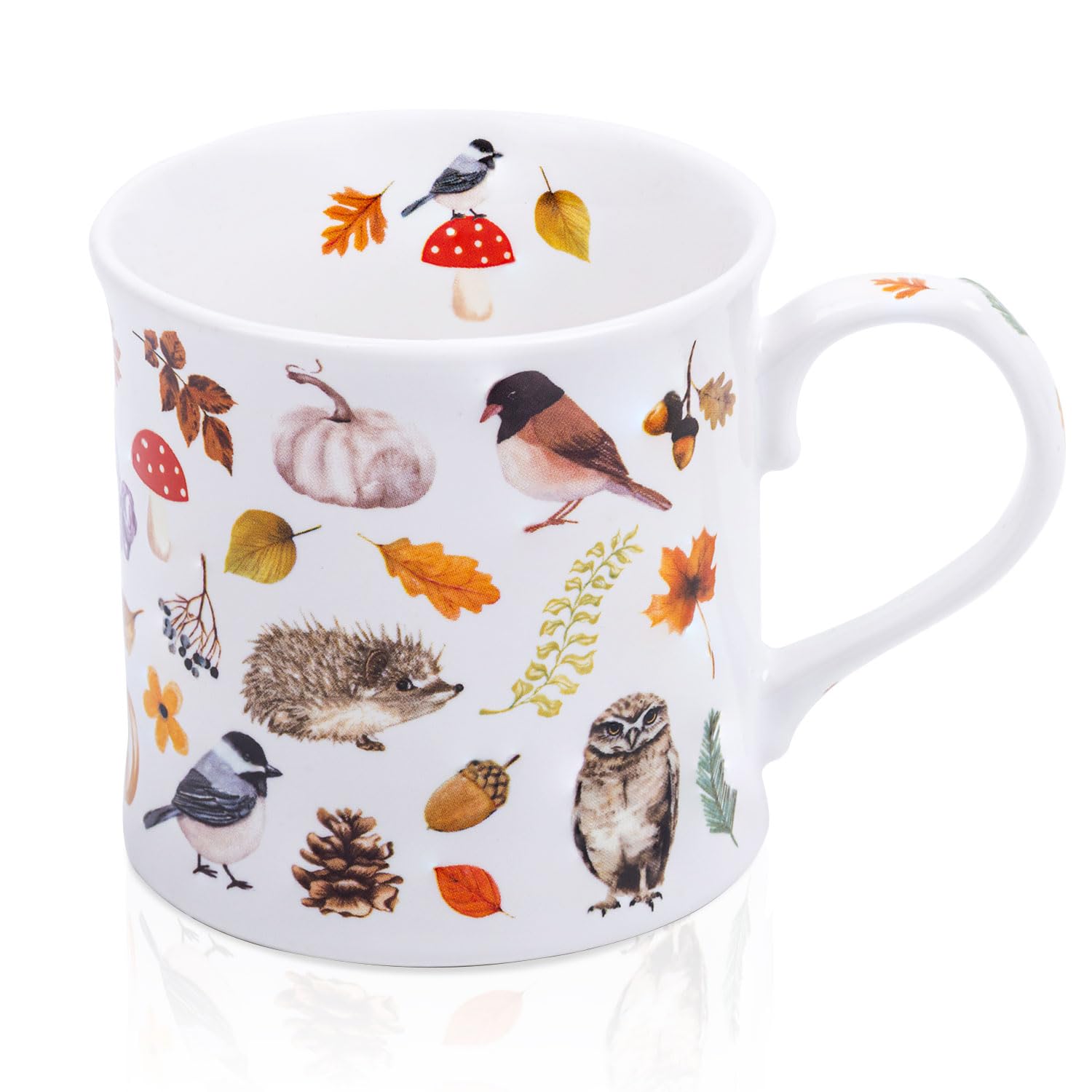 Autumn Animals Coffee Mug, 12 oz New Bone China Mug with Bird, Hedgehog, Owl &amp; Pumpkin Design, Halloween &amp; Fall Seasonal Ceramic Tea Mug, Nature Lover Gift, Designed in England by Harvest Green Studio