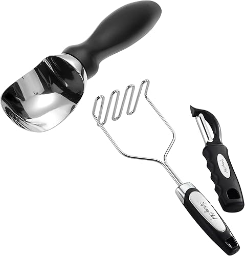 Spring Chef Juego de pala de helado de alta calidad, triturador de patatas y pelador giratorio de acero inoxidable, paquete de 2 productos, color