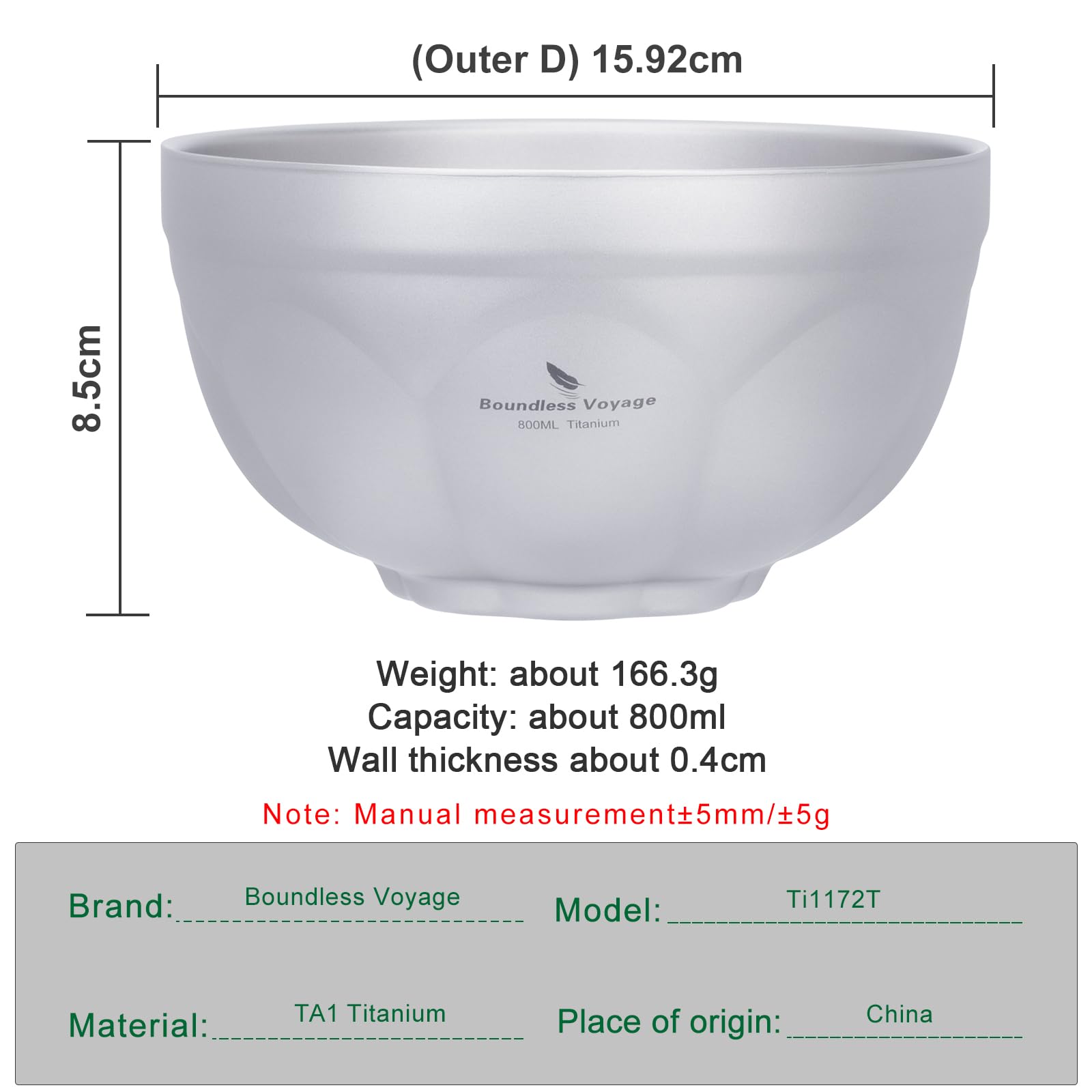 Boundless Voyage Titanium Double Walled Camping Bowls Rice Soup Oatmeal Yogurt Serving Bowl Ultralight Tableware, Dishwasher Safe 800ml Ti1172T