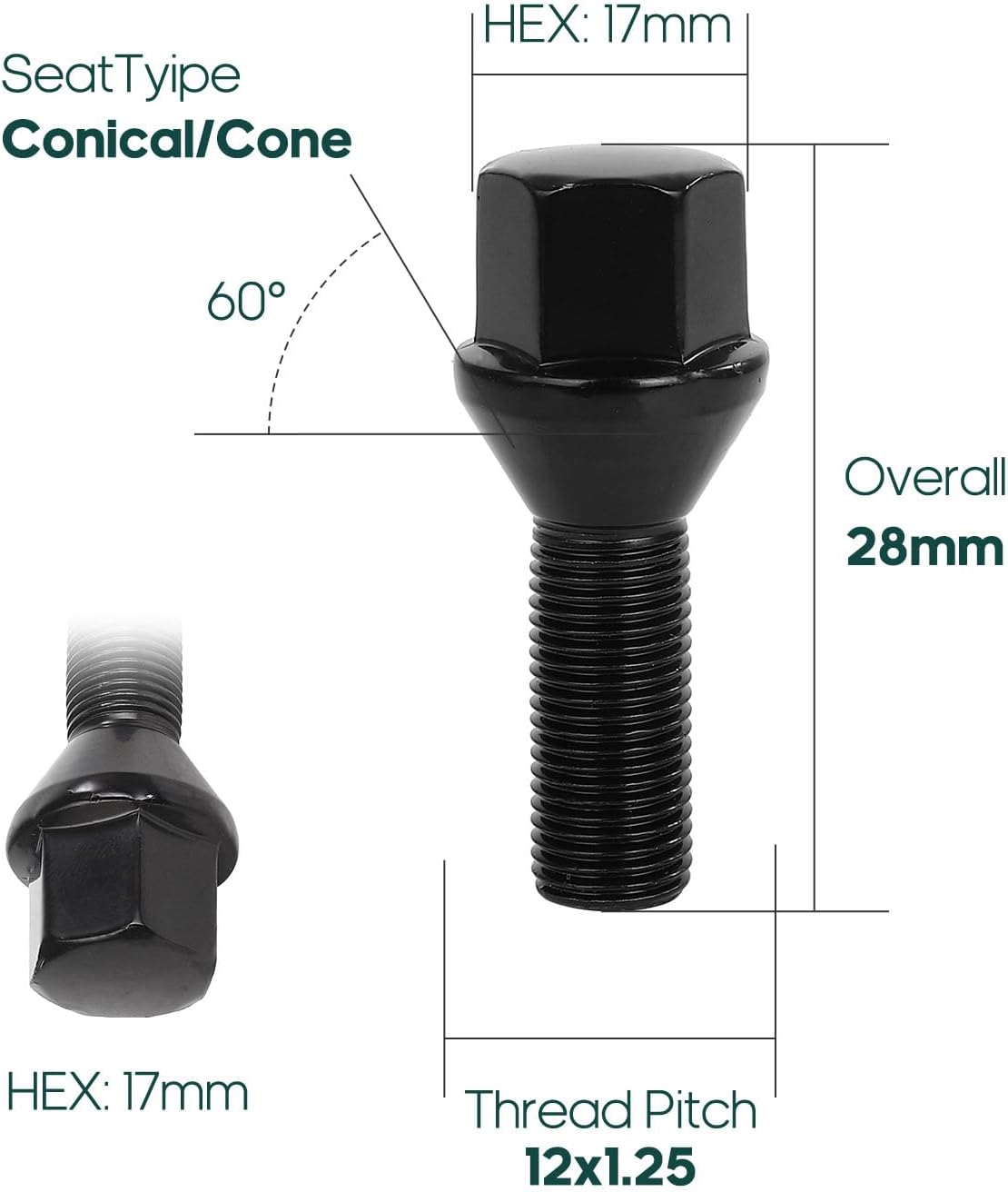 SCITOO 20Pcs Wheel Bolts 12x1.25 Lug Nuts Studs M12x1.25 Black Shank Length 28mm Hex Size17mm Wheel Studs for Jeep Compass for Jeep Renegade for Fiat for Cherokee for Chrysler 200 for Dodge Dart