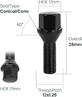 Vista 2 de SCITOO 20 piezas de pernos de rueda 12x1.25 tuercas de rueda pernos con vástago negro M12x1.25 longitud de vástago 28mm tamaño de hexágono 17mm