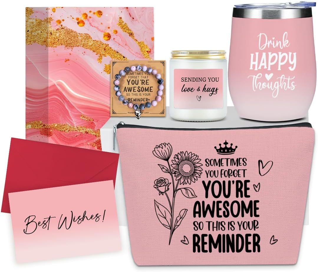 Insparational Birthday Gifts for Women, Thank You Appreciation Friendship Self Care Gifts for Women, Girls Grandma Friends Girlfriend Christmas Wine Tumbler Makeup Bag Bracelet Set