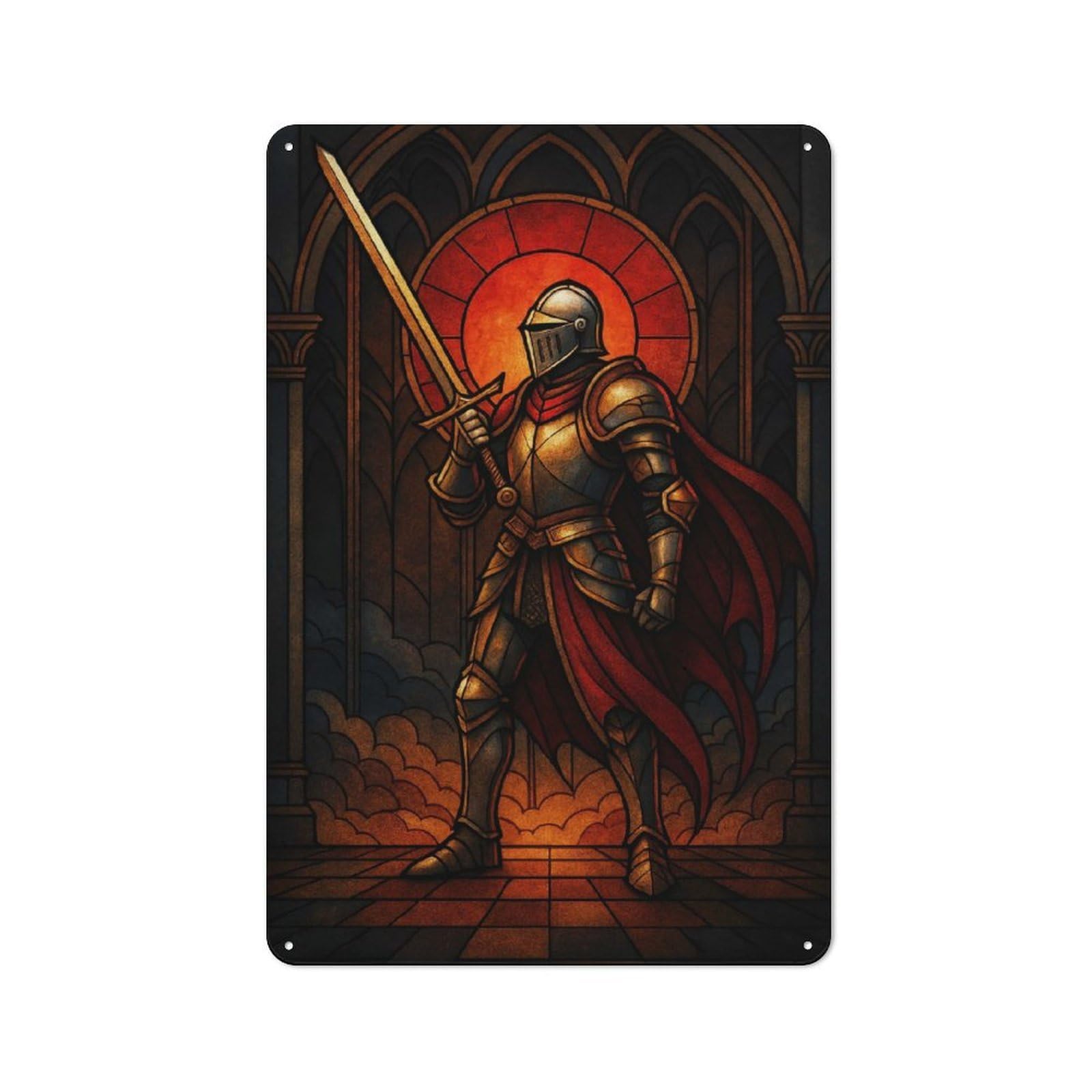 Junmoney Style-12 Metal Wall Art Sign With Stained Glass Knight With Sword Design 30X20cm, Vintage Vintage Wall Decor For Living Room, Hallway, Kitchen Or Cafe
