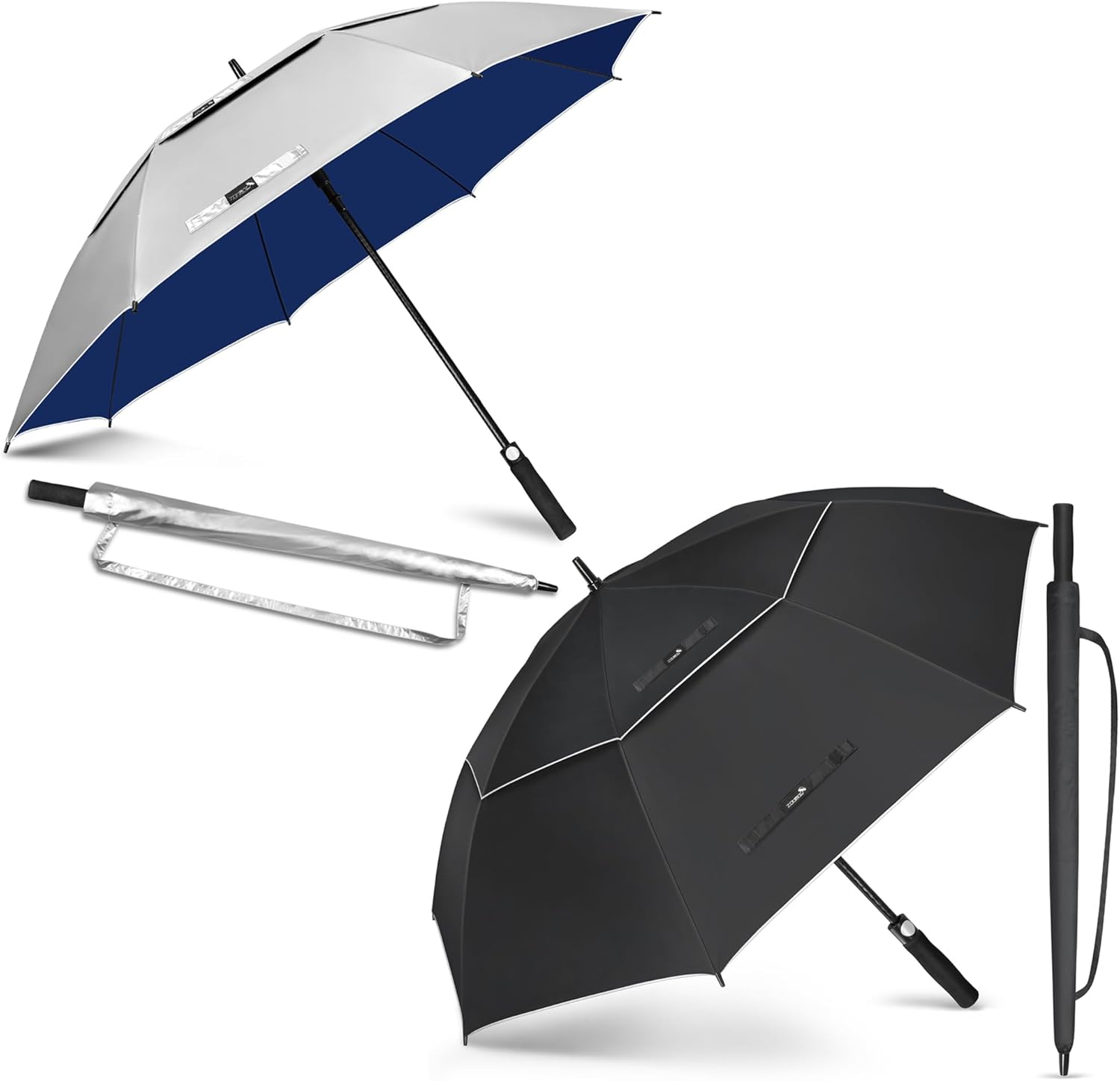 ZOMAKE 62" Large Golf Umbrella UV Protection - Double CanCanopy Vented Golf Umbrellas Oversize for Rain Windproof Automatic Sun Blocking Umbrella Golf Push Cart Umbrella XXL for Men(Silver Blue&Black)
