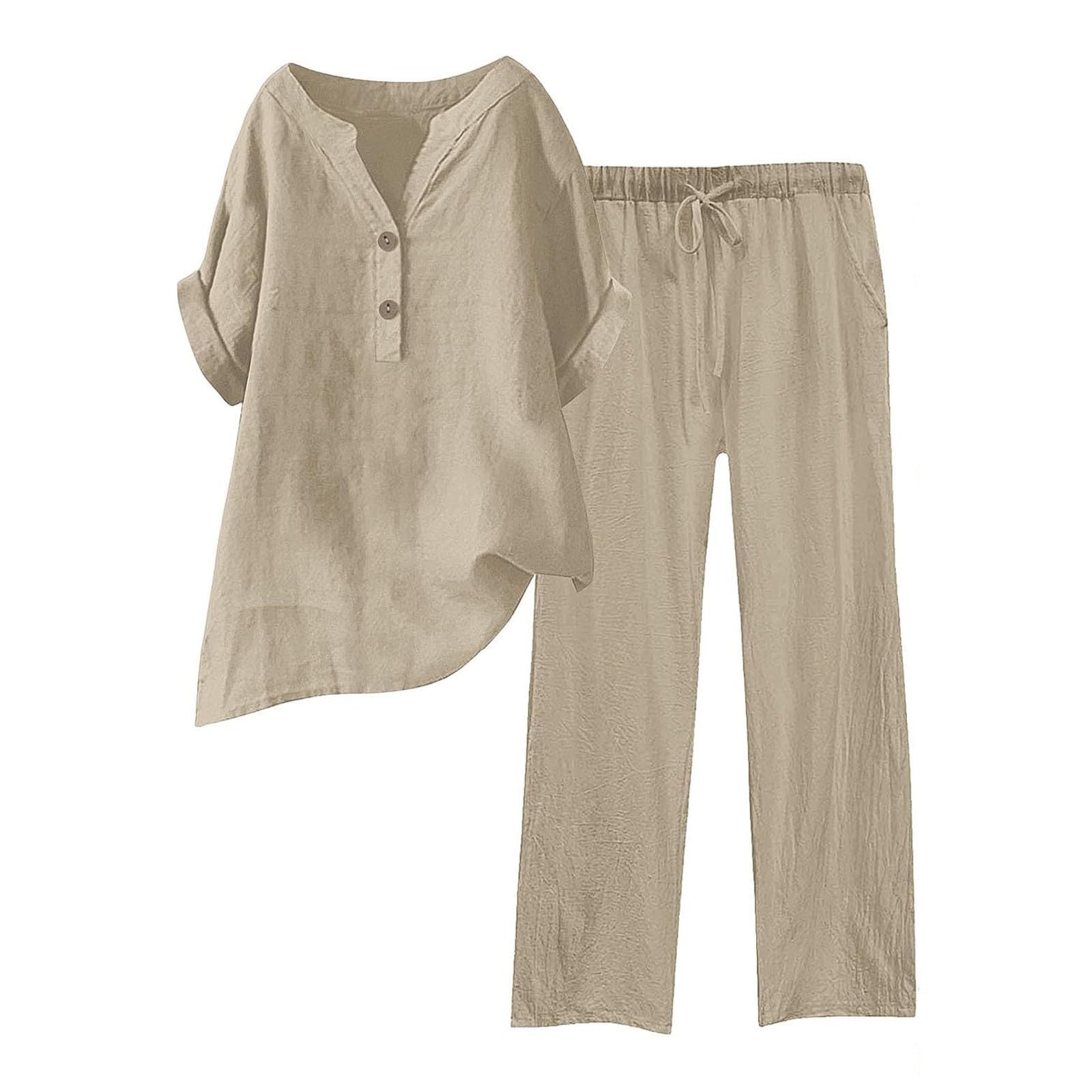 Set sportivo da donna, pigiama da donna, camicia casual ed elegante a maniche corte, tinta unita, pantaloni con tasche larghe e vita elastica confortevole