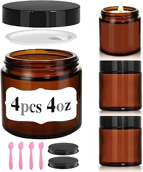 4 oz Glass Jars with Lids, 4 Pack Small Amber Jars with Black Lids | Leakproof Airtight, Empty Cosmetic Travel Containers, Inner Liners, For Lotions Body Scrub, Candle Making, Extra Metal Lids