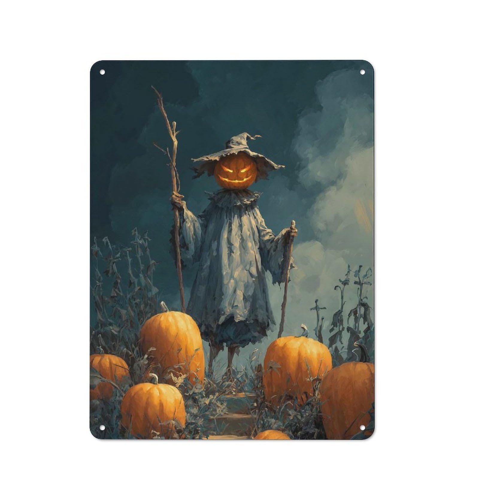 Junmoney Halloween Pumpkin Scarecrow In A Field Retro-Style Tin Wall Plaque 40X30cm For Café Or Home Bar, New Home Wall Decor For Home Bar Enthusiasts